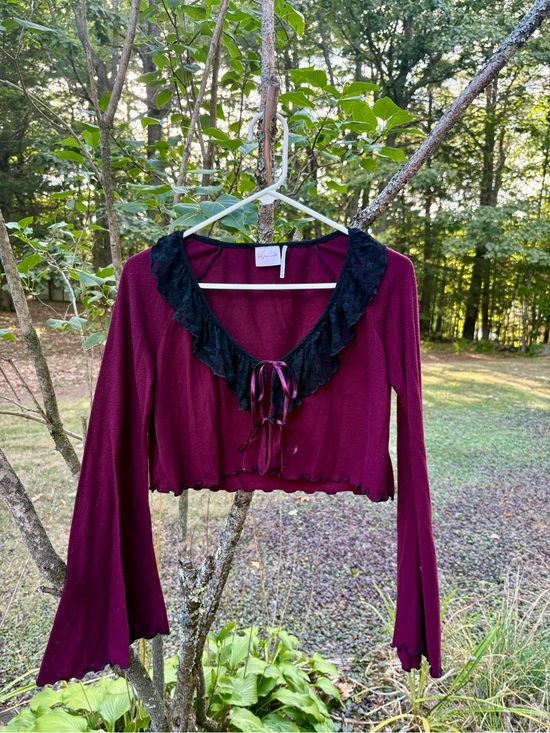 Urban Outfitters Other - Urban Outfitters Wine-Red Long-Sleeve Crop Top with Black Lace Collar